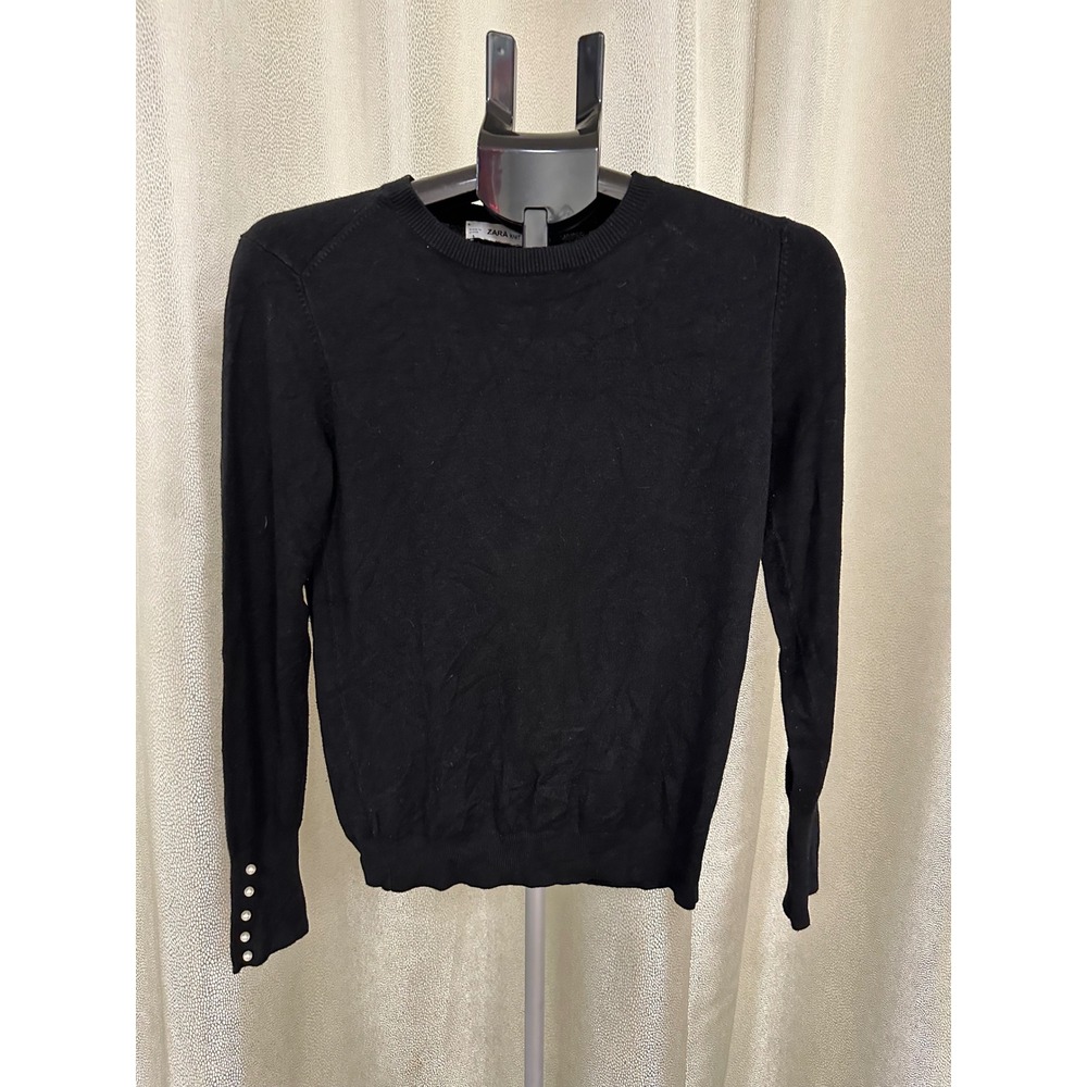 ZARA KNIT Black Crewneck Sweater with Pearl Button Cuffs - Size M